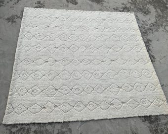 Hand Knotted Cream Wool Rug, Geometric Diamond Pattern, 8x10, Minimalist Berber Area Rug