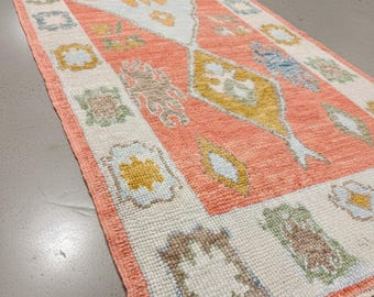 Handmade Wool Oushak Runner 3x10- Peach & Pastel Turkish Hallway Rug, Modern Tribal Kitchen Runner