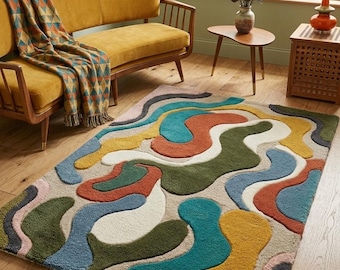 Alfombras con diseño de ameba colorida, tejidas a mano, estilo de mediados de siglo, diseño abstracto, 8x11, 9x12, estilo retro de los años 70, para sala de estar y dormitorio.