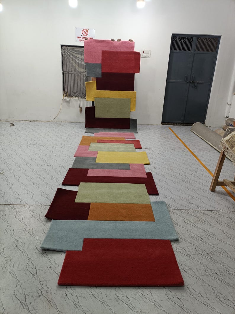 Runner Rugs: Rainbow Color Hand Tufted Modern Geometric Rug