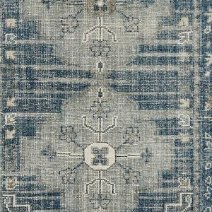 May include: A distressed-look rug with a faded, vintage aesthetic. The rug features a central geometric design in white and gray, surrounded by a field of blue and gray. The overall pattern is symmetrical, with a textured appearance.