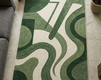 Abstract Wavy Area Rug | Sage Green Hand-Tufted Carpet | Mid-Century Modern Organic Shapes