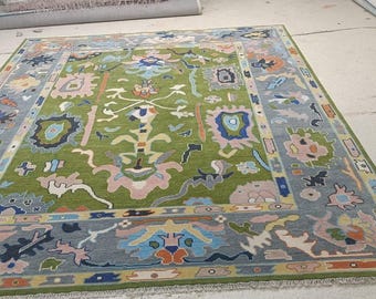 Hand Knotted Wool Oushak Rug, Green Floral Turkish Style Carpet, Luxury Area Rug