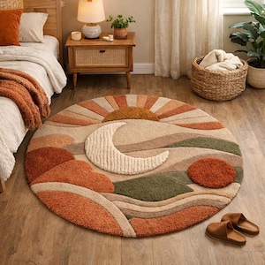May include: A circular rug with a landscape design featuring a sun, moon, and rolling hills in shades of orange, brown, and green. The rug is placed on a wooden floor. The rug measures approximately 152 cm in diameter. A bed and nightstand are in the background.