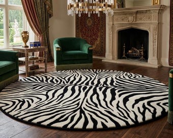 Hand-Tufted Wool Zebra Print Round Rug – Luxury Black White Carpet