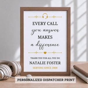 May include: A framed print with a white background and brown frame featuring the text: EVERY CALL you answer MAKES a difference THANK YOU FOR ALL YOU DO NATALIE FOSTER SERVING SINCE 2008. The design includes gold icons of a headset and heart.