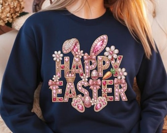 PNG de Feliz Pascua con Bling: Orejas de Conejo con Diamantes de Imitación por Sublimación (Descarga Digital)