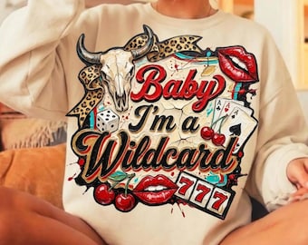 Baby I'm a Wildcard PNG, Western Sublimation Design, Retro Casino Cow Skull Leopard Print Clipart, Digital Download for Shirts