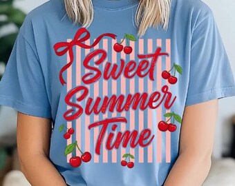 Dulce verano PNG, Coqueta cereza PNG, Diseño de camisa floral de cereza, Estética veraniega preppy PNG, Descarga de sublimación linda para chicas