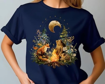 Animales del bosque caprichosos PNG, diseño de sublimación de fogata de zorro y oso, descarga digital de bosque iluminado por la luna