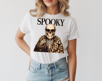 Spooky Skeleton PNG, Leopard Print Skeleton Sublimation, Boujee Skeleton Halloween Shirt Design, Diamond Glam Skull PNG Digital Download