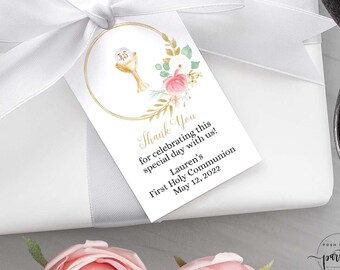 First Communion Favor Tag Girl • 2x3 Blush Pink Gold Floral • Chalice and Host • PGF