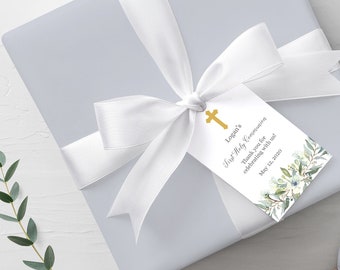 Editable First Communion Favor Tag with Silver or Gold Cross • Watercolor Leaves Green Palms • WPL