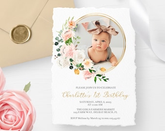 Blush Pink Baby's First Birthday Party Invitation with Picture • Peach Floral Wreath Watercolor • Editable Template • BDG002