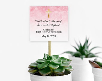 Faith Plants the Seed, Love Makes it Grow •  Editable Girl's First Communion Succulent Tags • Pink Watercolor Ombre Gold Cross • FCG005