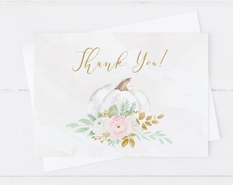 Sweet Little Pumpkin Thank You Note for Girl Shower Folded • White Pumpkin, Gold, Greenery, and Pink Flowers • PUM1