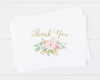 Editable Printable First Communion Thank You Note Girl • Blush Pink and Gold Floral Bouquet • PGF