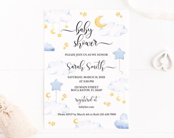 Over the Moon Baby Boy Shower Invitation • Editable Clouds Moon and Stars Invitation • BSB003
