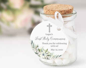 Editable Boy's First Communion Favor Tags • Watercolor Leaves • Green Palms Eucalyptus Silver or Gold Cross • Thank You Stickers • WPL