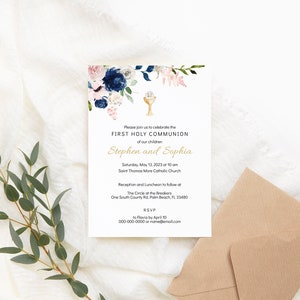 May include: A white invitation card with a floral design in shades of pink and blue. The text reads "Please join us to celebrate the First Holy Communion of our children Stephen and Sophia. Saturday, May 13, 2023 at 10 am. Saint Thomas More Catholic Church. Reception and Luncheon to follow at The Circle of the Brookers. One South County Rd, Palm Beach, FL 33480. RSVP to [phone number] or [email address]"