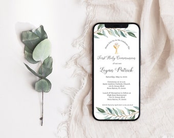 Editable Electronic Invite for Boy First Communion • Watercolor Leaves • Green Palms and Eucalyptus Host and Chalice • FCB001