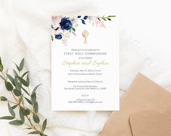 Puede incluir: Una tarjeta de invitación blanca con un diseño floral en tonos rosa y azul. El texto dice "Por favor, únase a nosotros para celebrar la Primera Comunión de nuestros hijos Stephen y Sophia. Sábado, 13 de mayo de 2023 a las 10:00 am. Iglesia Católica Saint Thomas More. Recepción y almuerzo a continuación en The Circle of the Brookers. One South County Rd, Palm Beach, FL 33480. RSVP a [número de teléfono] o a [dirección de correo electrónico]"
