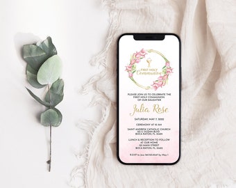 Editable Electronic Invite for Girl First Communion • Ombre Pink Watercolor and Tulips • Chalice and Host Invitation • FCG004