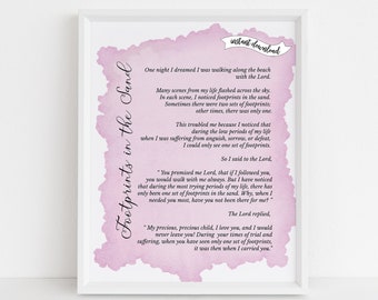 Footprints in the Sand Poem Prayer • Printable Wall Art • Pink Watercolor • Nursery Art • PWB