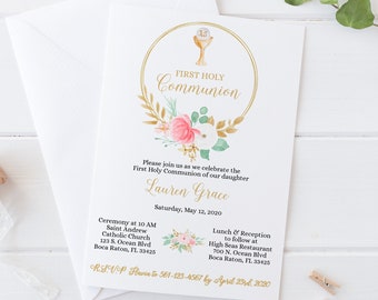 May include: A white card with gold lettering announcing a First Holy Communion for Lauren Grace. The card features a watercolor floral wreath with pink and white flowers and gold accents. The date of the event is Saturday, May 12, 2020. The card also includes the location of the ceremony and reception.