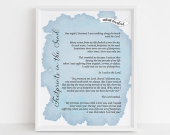 Footprints in the Sand Poem Prayer • Printable Wall Art • Blue Watercolor • Nursery Art • BPB002 • CWA