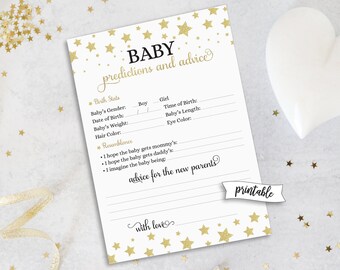 May include: Printable baby shower game card with gold stars on a white background. The card has sections for guests to predict the baby's gender, date of birth, weight, hair colour, time of birth, length, and eye colour. It also includes a section for guests to write down their advice for the new parents.
