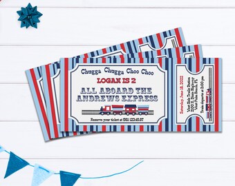 Chugga Chugga Two Two or Choo Choo •  Editable Train Ticket Birthday Party Invitation •  Red White and Blue Stripes • Vintage • BDB002