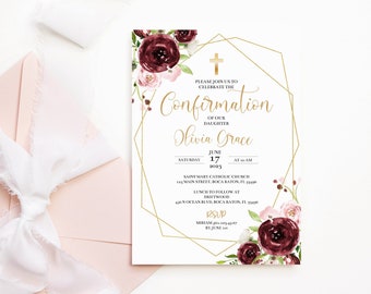 Girl Confirmation Invitation • Pink Burgundy Gold Frame Floral Watercolor • Editable Template • CFM001