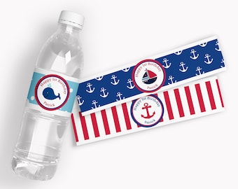 May include: Water bottle labels with a nautical theme. The labels feature red and blue stripes, anchors, and a whale. The text on the labels reads "Happy 1st Birthday Patrick".