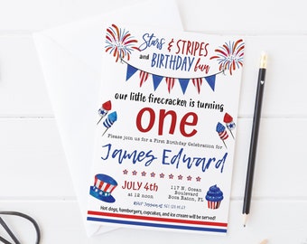 Editable Little Firecracker First Birthday Invitation for Fourth of July Party • July 4th First Birthday Invitation • PT001