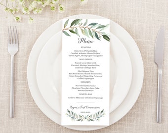 May include: A printable menu template with a green leafy design. The menu includes starters, main dishes, desserts, and a mimosa bar. The text at the bottom reads "Legen's First Communion 06.12.2020".