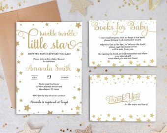Twinkle Twinkle Little Star Gender Neutral Baby Shower  •  Invitation, Thank You and Books for Baby Bundle • Gold Stars  • TLS