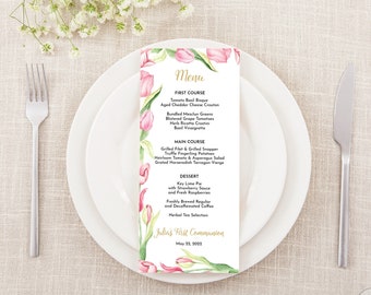 Editable Girl's First Communion Menu Card • Watercolor Pink Tulips • FCG004