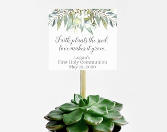 Faith Plants the Seed; Love Makes it Grow •  Editable Boy's First Communion Succulent Favor Tags • Watercolor Greenery Palms • WPL