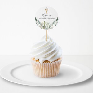 First Communion Boy Cupcake Toppers, Watercolor Greenery, Palms, Host and Chalice, Editable Thank You Circles, Editable Template, PP10
