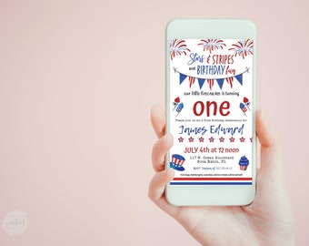 Little Firecracker First Birthday • Fourth of July • July 4th First Birthday Editable Text Message Invitation • PAT001