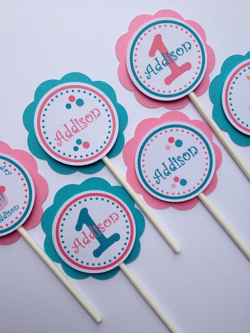 Cupcake Toppers Baby's First Birthday One Dozen Teal Etsy