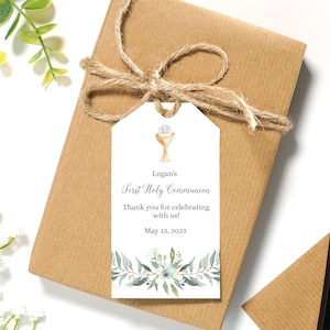 First Communion Favor Tags, Host and Chalice, Watercolor Leaves Green Palms, Editable Template, PP10