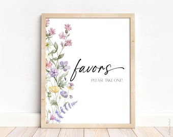 Op de afbeelding: Een afdrukbaar bord met een aquarelbloemenrand en de tekst "favors please take one!" in zwart handschrift.