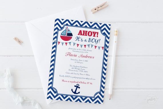 Ahoy Its a Boy - Nautical Baby Shower Invitation - Red White and Blue Il_570xn
