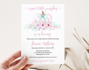 Little Pumpkin Fall Baby Shower Invitation • Fall Baby Shower Invitation for Girl • Pink and Aqua • PUM3