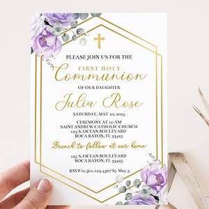 Erstkommunion Einladung für Mädchen, Lavendel Blumen, Gold Kreuz, bearbeitbare druckbare Vorlage, PP41