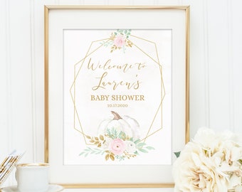 Sweet Little Pumpkin Baby Shower Welcome Sign • Editable • White Pumpkin, Pink Flowers, Gold Frame • PUM1