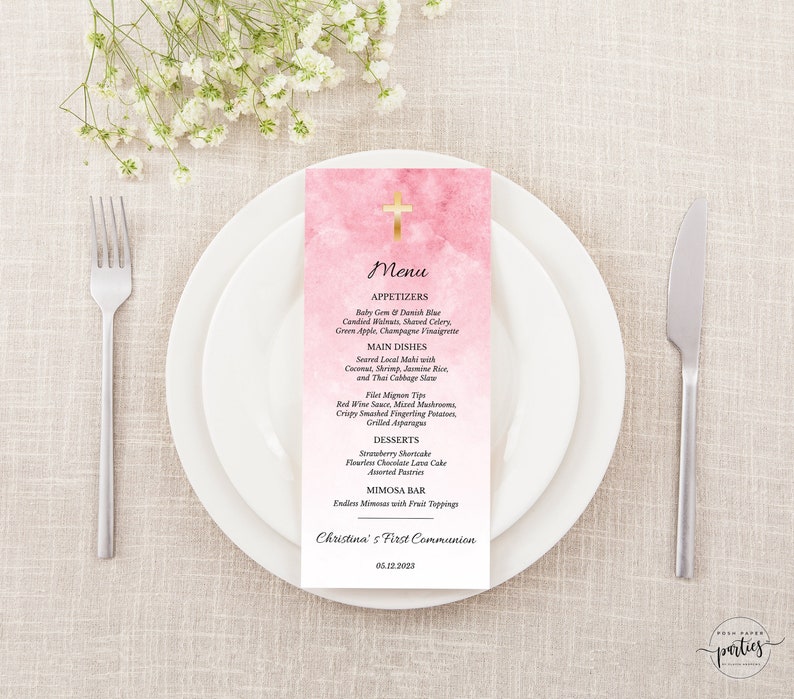 May include: Pink and gold first communion menu with a cross at the top. The menu lists appetizers, main dishes, desserts, and a mimosa bar. The text at the bottom reads "Christina's First Communion 05.12.2023".