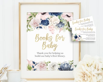 Books for Baby Cards and Sign Bundle • Gifts Sign • Blush Pink, Navy Flowers and Gold Girl Baby Shower • Instant Download • FLO2